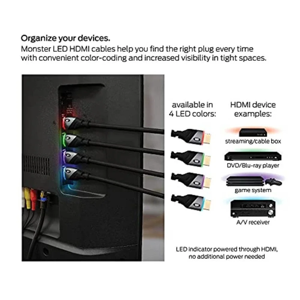 Monster 6ft High Speed 4K Hdr Hdmi Cable with Built-in Green Led Light